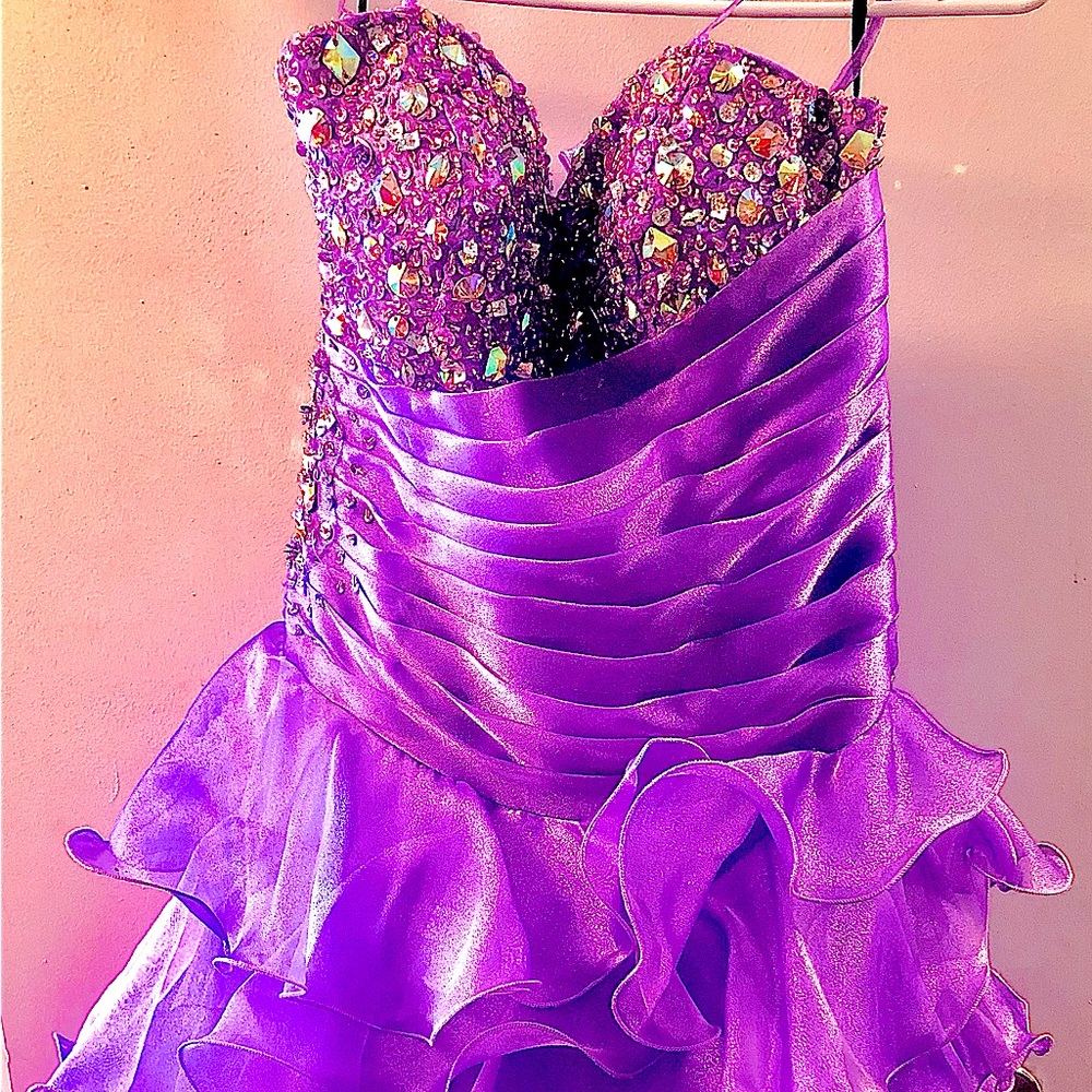 Purple size 4 but corset allows for up to size 12. No stains or rips.
